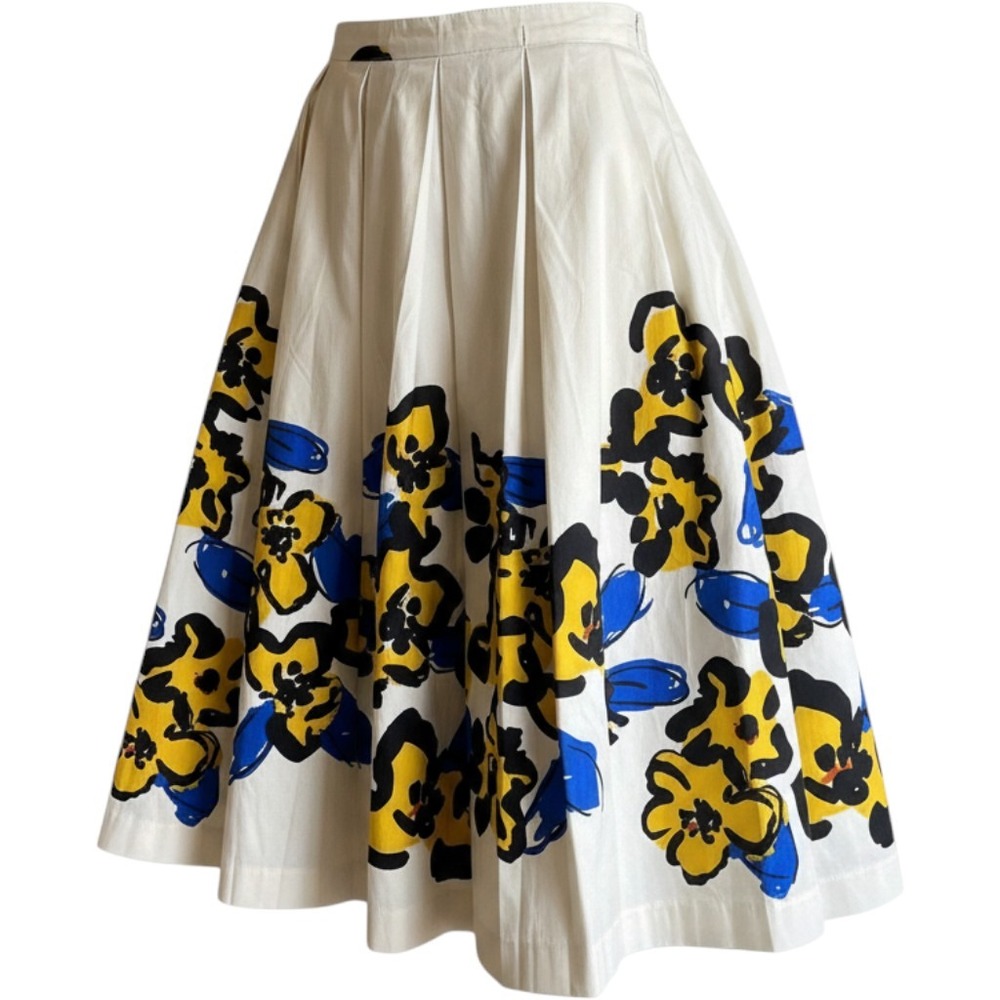 Zara White Floral Pleated Midi Skirt Blue Yellow Poplin High Waist XL